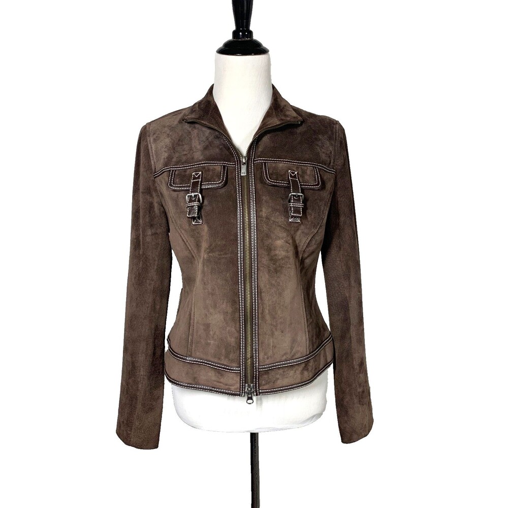 Michael Kors Chocolate Brown Suede Jacket Womens Size Medium Buckle Pockets